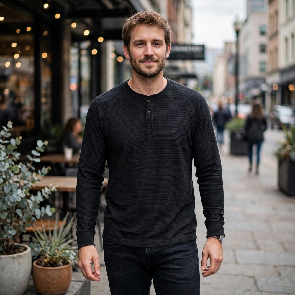 Mutual Weave Mens Long Sleeve Button Henley‎ Shirt Black Ribbed Texture L
